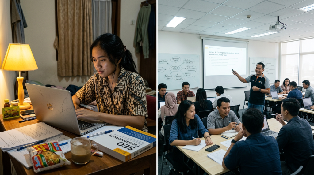 Woman studying SEO alone at a desk and group learning SEO in classroom