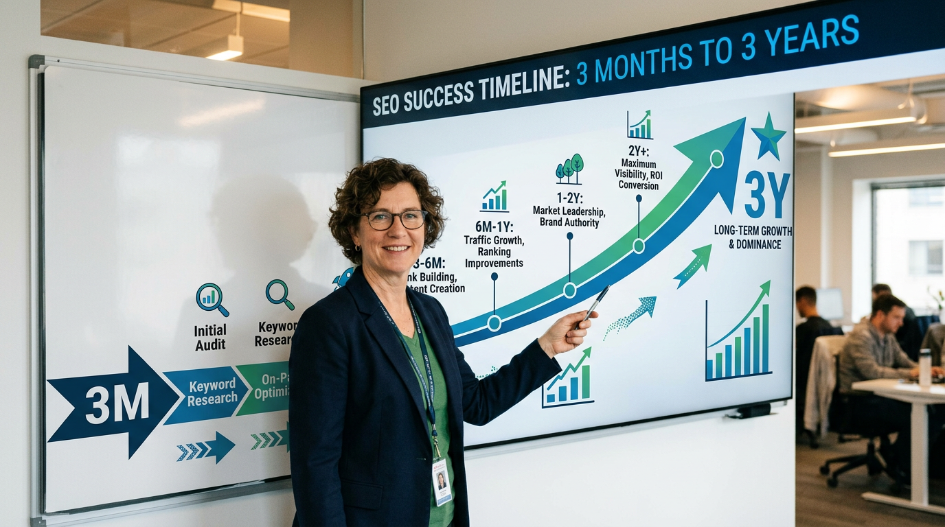 SEO success timeline and strategy overview SEO success timeline showing phases from initial audit to long-term growth over 3 years